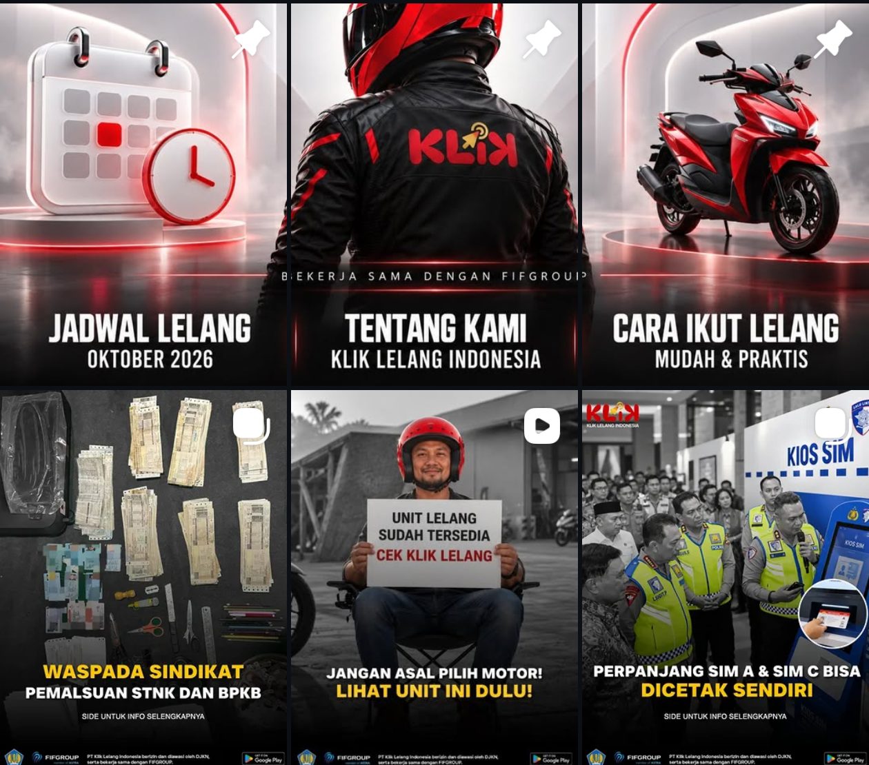 Klik Lelang Indonesia Instagram feed with a consistent red and white layout