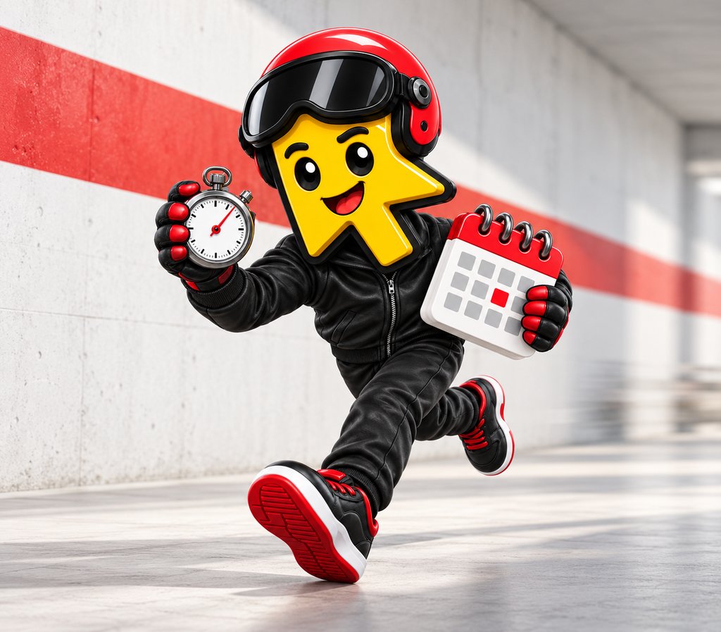 Klik Lelang mascot: a yellow cursor character in a red helmet running with a stopwatch and calendar