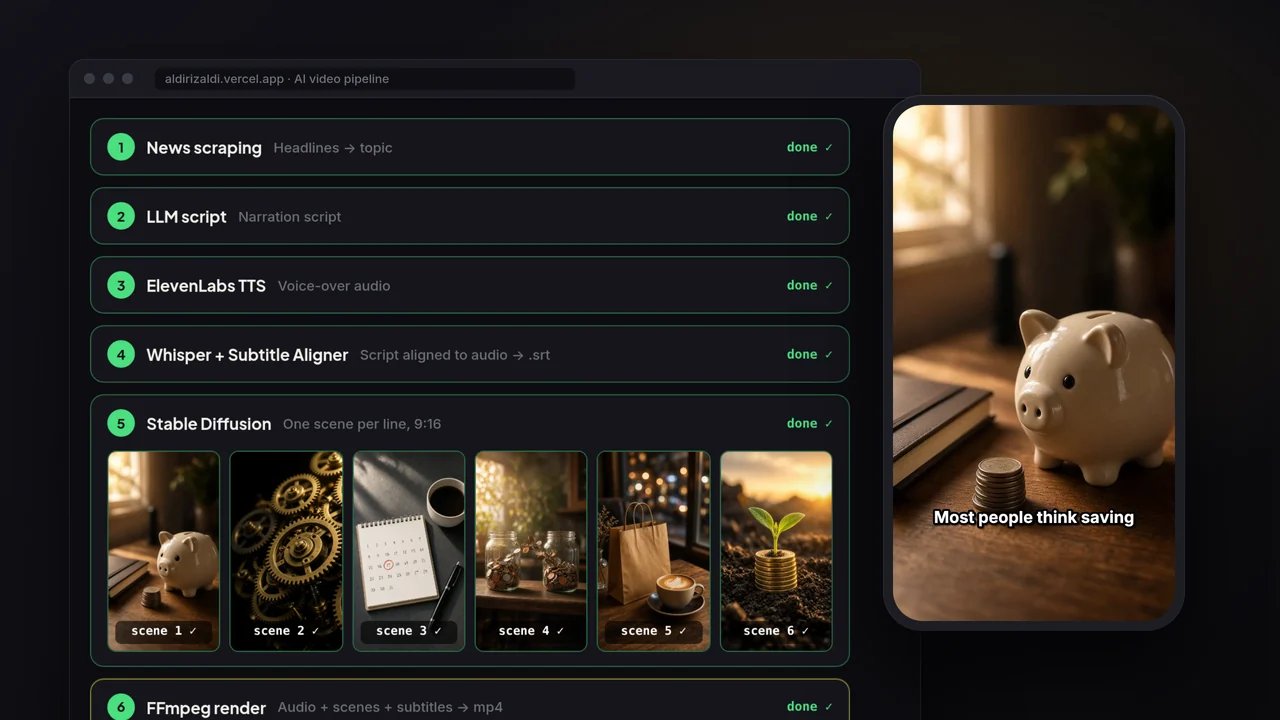 AI video pipeline simulation: six completed stages and the final vertical video